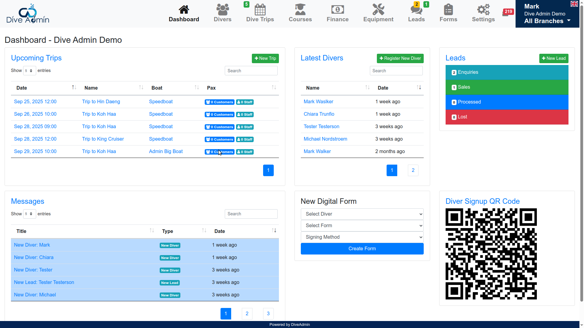Dive Admin dashboard showing dive-center management tools