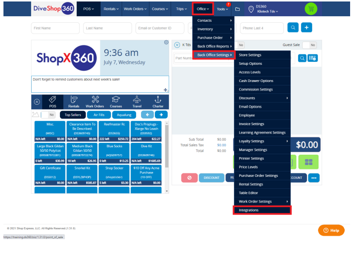 DiveShop360 point-of-sale interface with nested administration menus