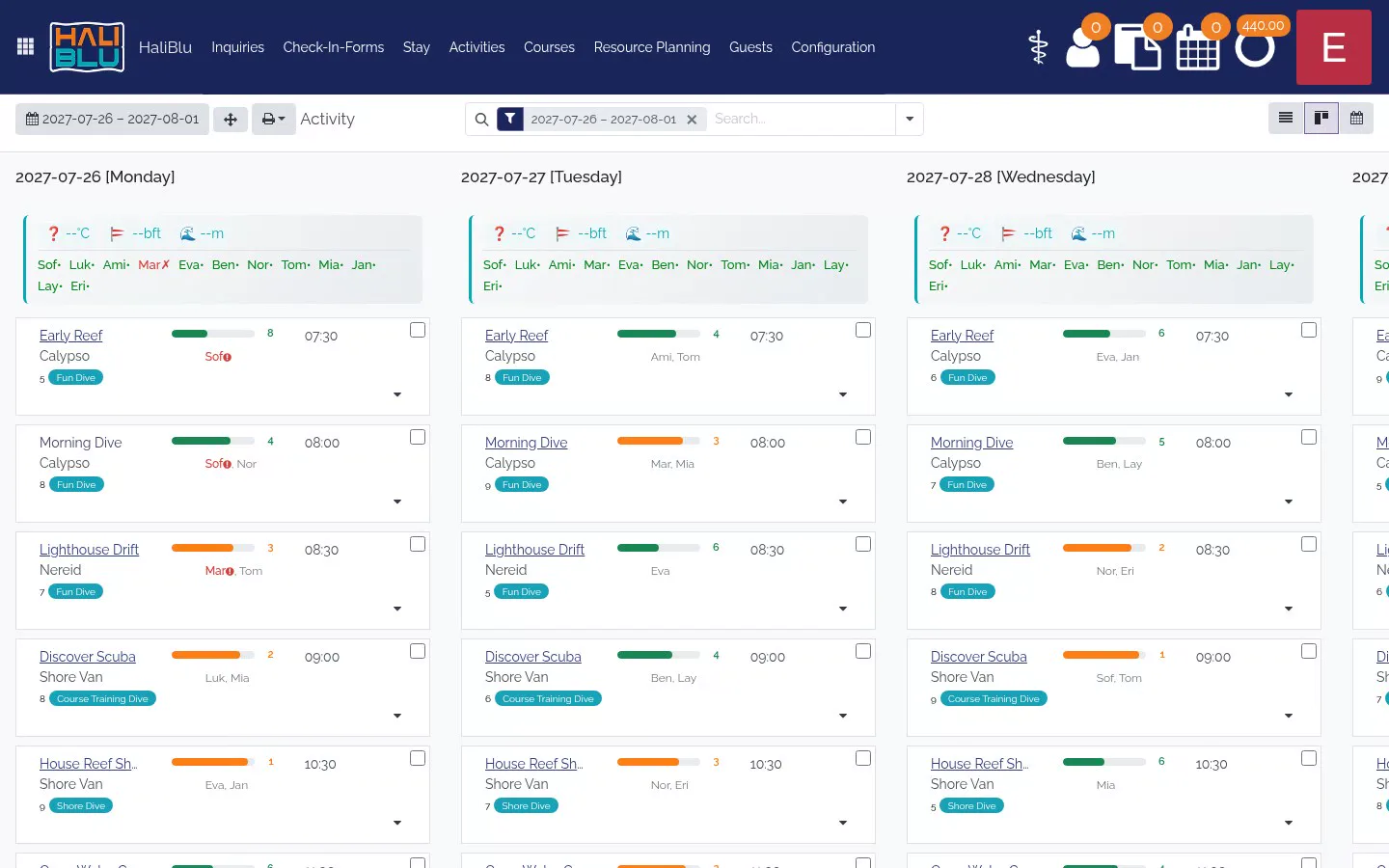 HALIBLU activity planner with daily dive schedules and resource assignments