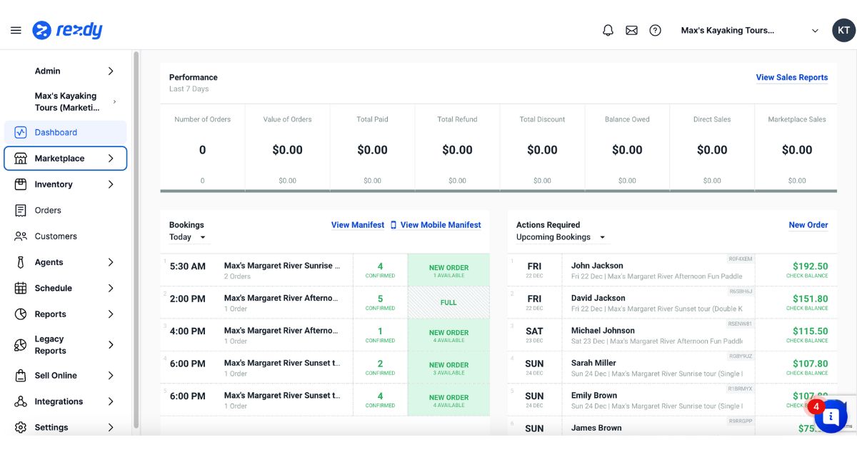 Rezdy dashboard with performance, bookings and actions required